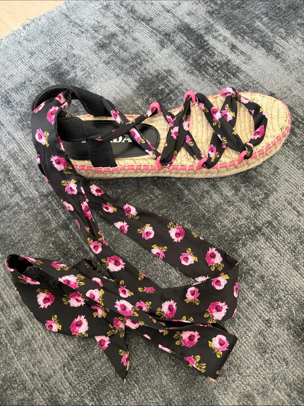 Prada Black Floral Ribbon Espadrille Sandals with Pink Accents